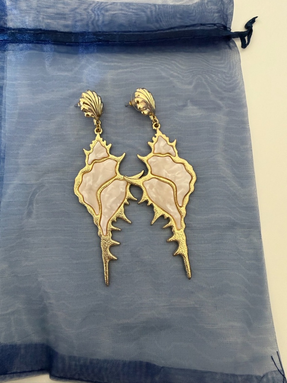Gold-Plated Mother of Pearl Shell Seafan Drop Earrings - Women Jewelry